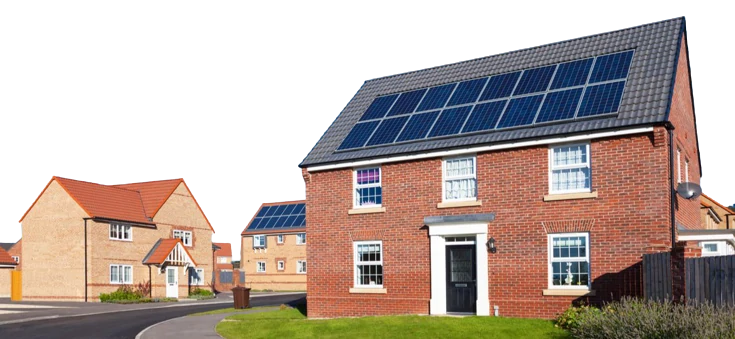 image of houses on a street with solar panels on roofs